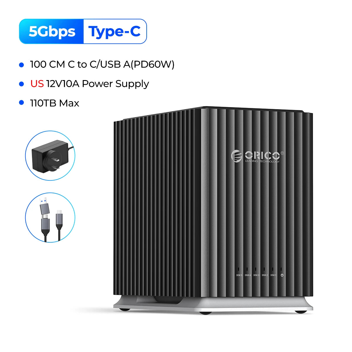 ORICO HDD Docking Station 2Bay 5Bay Type-C Personal Storage 12V 4A Power Supply Silent Design Strong Heat Dissipation 3.5"