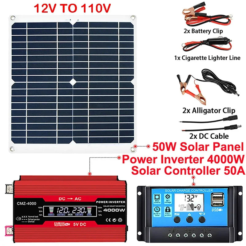 6000W 4000W Power System 12V 50W Solar Panel 50A Controller Solar Power Generator Emergency Battery Charger 12V to 220V Inverter