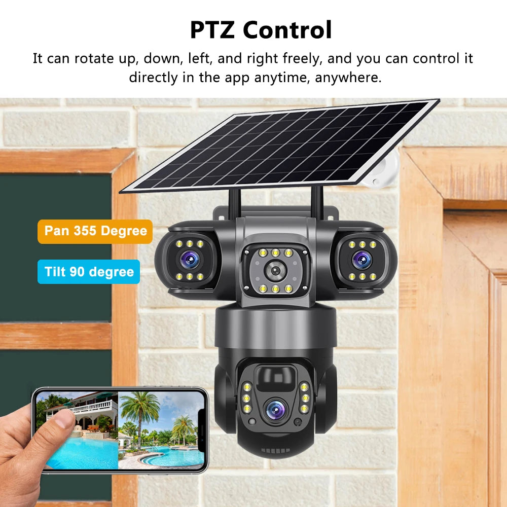 Solar Camera 4G Outdoor 12MP 10X Zoom 3 Lens 3 Screen PIR Human Detection Cameras Night Vision Waterproof CCTV Safety Protection