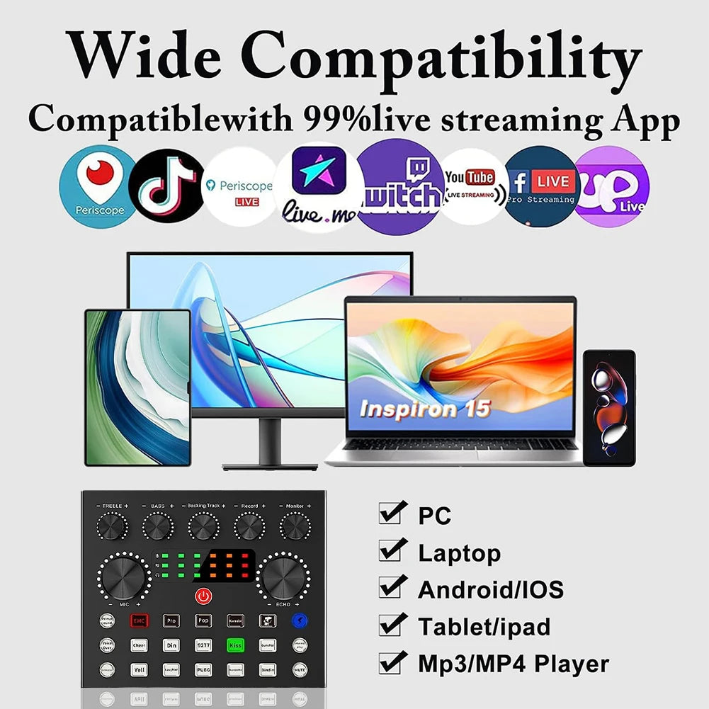V8S Audio Mixer USB External Headset Microphone Webcast Personal Live Broadcast Sound Card with BM800 Microphone