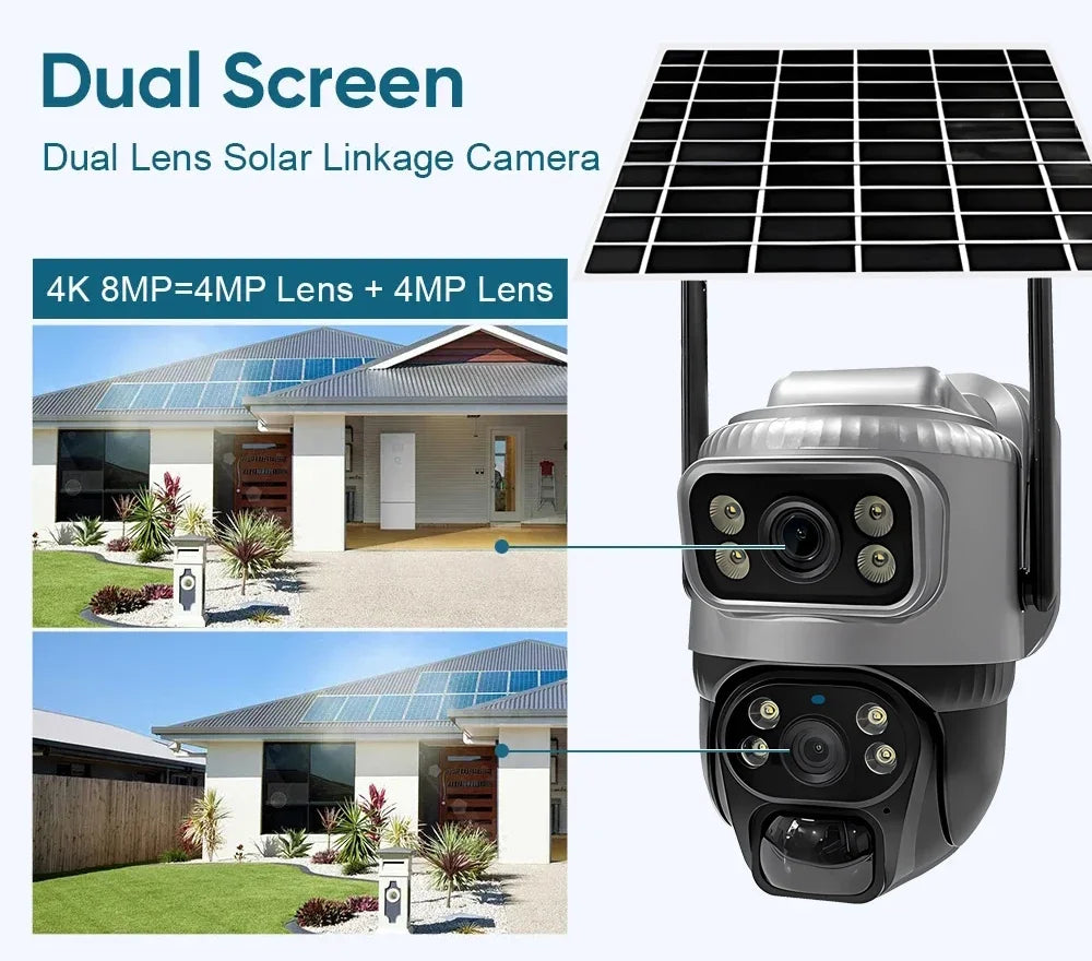 Solar Camera wifi 8MP Solar CCTV Outdoor Dual Lens Waterproof Low Power IP Security Camera Auto Tracking Wireless Security