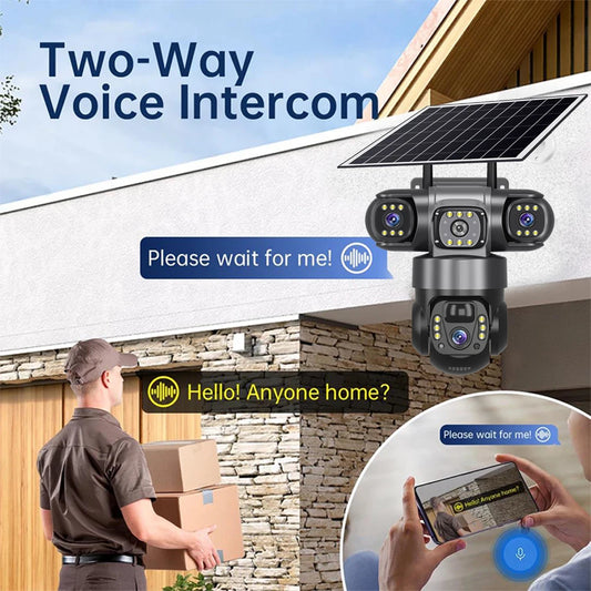 Solar Camera 4G Outdoor 12MP 10X Zoom 3 Lens 3 Screen PIR Human Detection Cameras Night Vision Waterproof CCTV Safety Protection