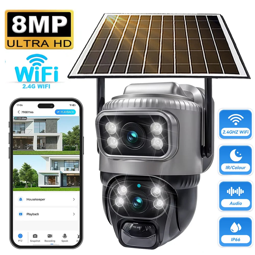 Solar Camera wifi 8MP Solar CCTV Outdoor Dual Lens Waterproof Low Power IP Security Camera Auto Tracking Wireless Security