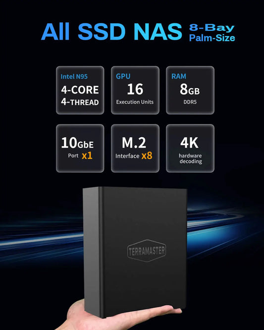 TERRAMASTER F8 SSD NAS Storage - 8Bay All SSD N95 QuadCore CPU, 8GB RAM, Palm-Sized Powerful Network Attached Storage(Diskless))
