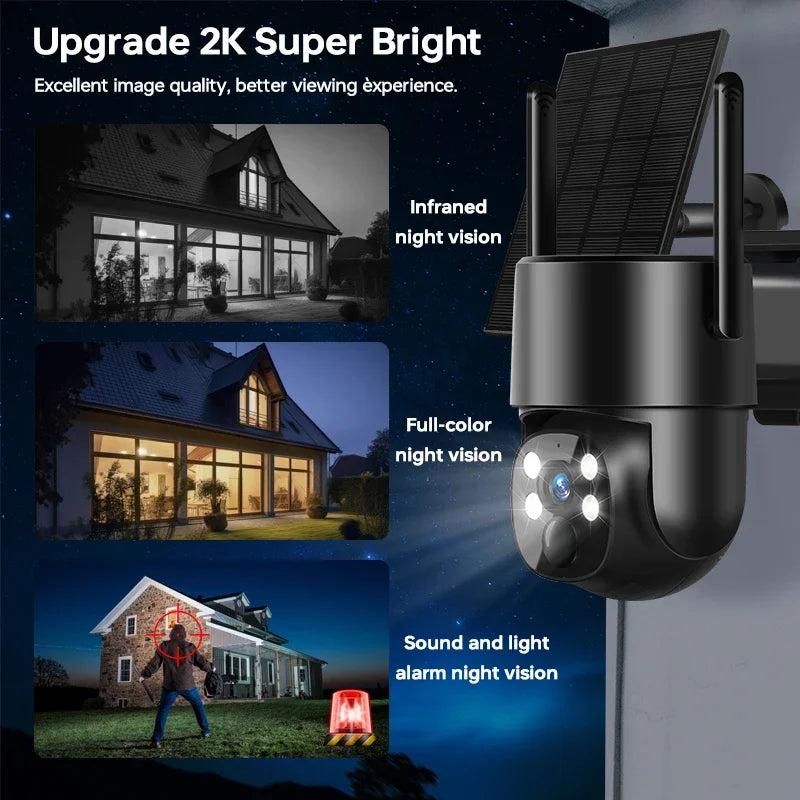 Wireless Solar Camera Outdoor 4MP HD Wireless Security CCTV Waterproof Night Vision PIR Human Detection PTZ with Solar Panel