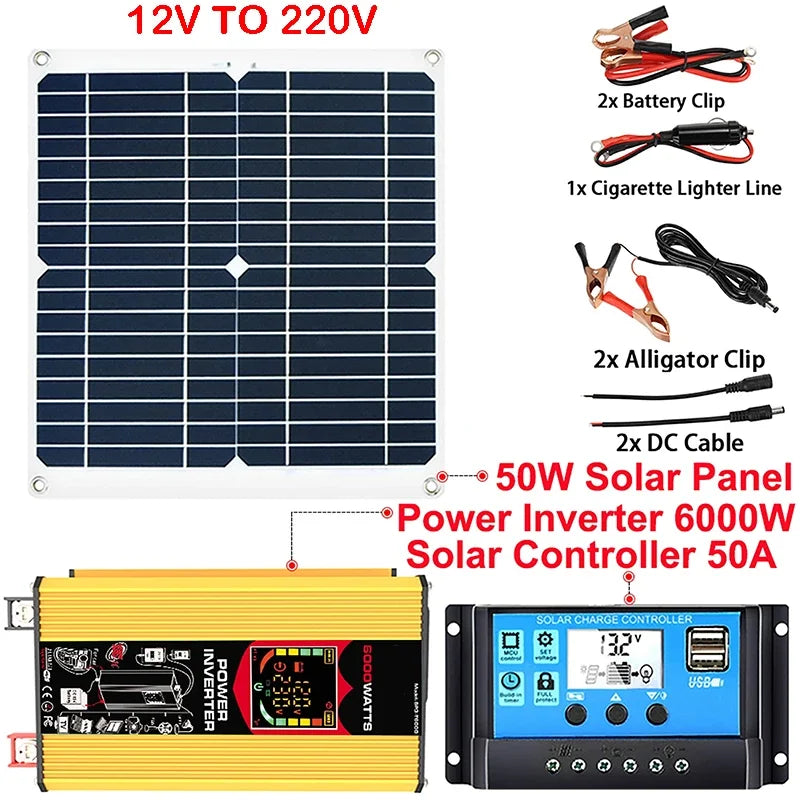 6000W 4000W Power System 12V 50W Solar Panel 50A Controller Solar Power Generator Emergency Battery Charger 12V to 220V Inverter