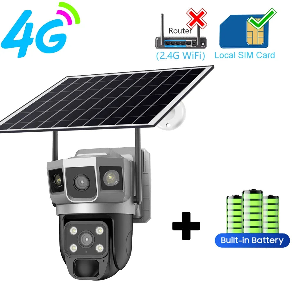 Solar Camera 4G Sim Outdoor Camera Triple Screen 12MP 6K IP Solar Panel CCTV Security Built-in Battery PIR Camera