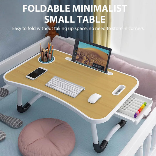 Foldable Simple Small Table with Cup Holder Drawer Bed Desk Lazy Laptop Bed Table Dormitory Study Table Tablet Laptop Stand