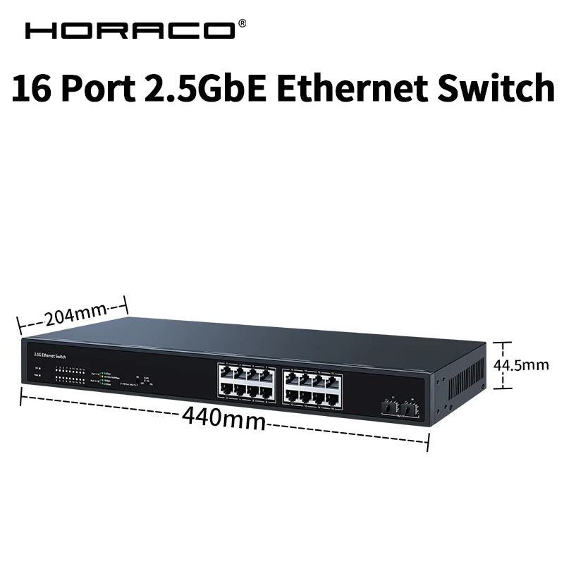 HORACO 16 Port 2.5GbE Ethernet Switch 2 Port 10G SFP+ Slot Network Switch 120G Bandwidth Networking Hub Internet Splitter