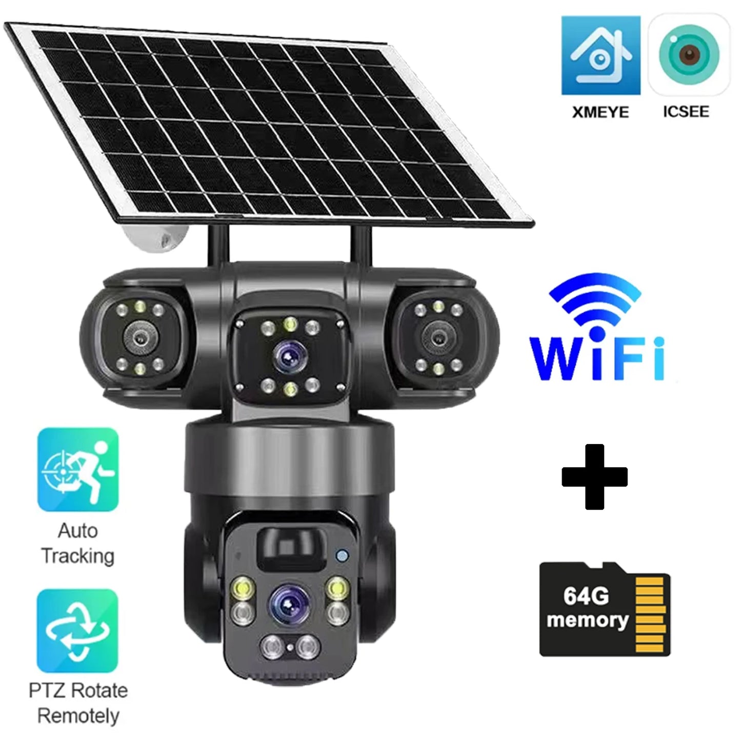 Solar Camera 4G SIM Outdoor Dual Lens Three Screens Webcam PIR Human Detect CCTV Security Video Battery PTZ IP Camara
