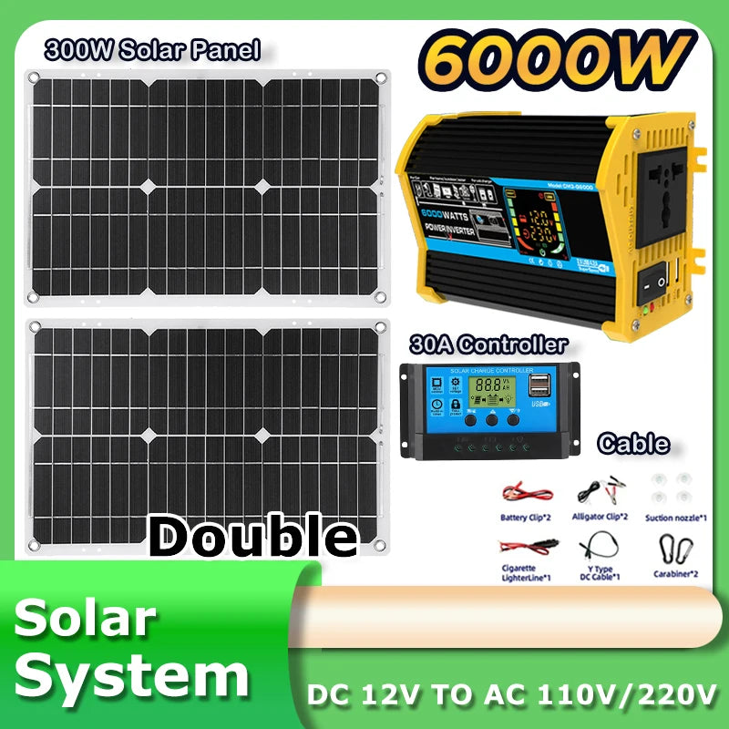 Inverter 6000W Solar Panel 2*300W 12V Portable Solar Generator Power Bank 30A Controller Kit Solar for Home Camping Station