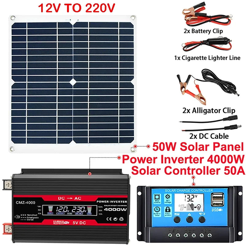 6000W 4000W Power System 12V 50W Solar Panel 50A Controller Solar Power Generator Emergency Battery Charger 12V to 220V Inverter