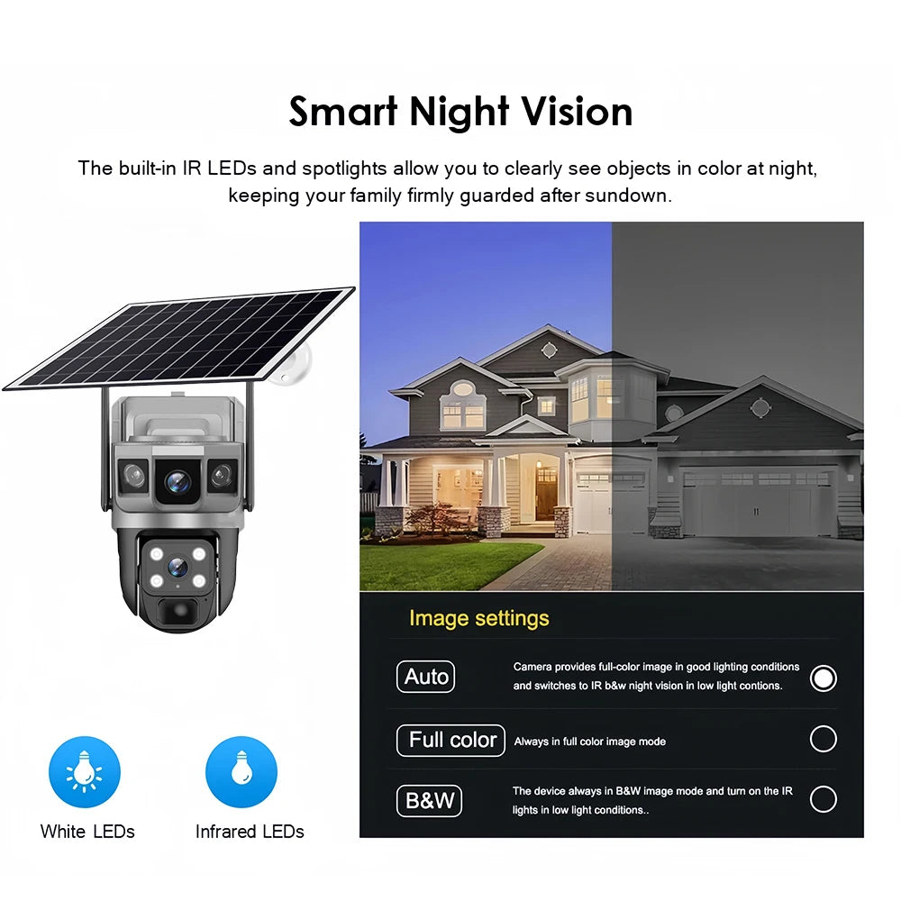 Solar Camera 4G SIM Card WiFi Wireless Network 360 IP 8MP 4K HD CCTV Battery Dual Lens Outdoor Smart Home Security Surveillance
