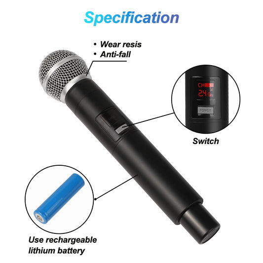 Wireless Microphone UHF Fixed Frequency 2 Channels Handheld Mic Micphone For Party Karaoke Professional Church Show Meeting