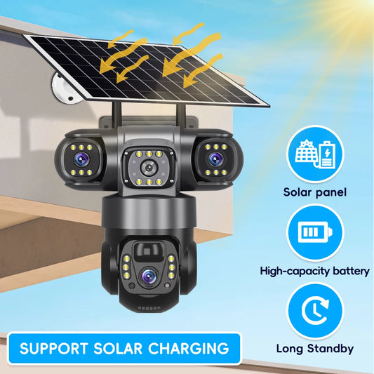 4G Solar Camera Outdoor Triple Lens Triple Screen 6K 12MP Auto Tracking IP Camera CCTV Audio Video PTZ Surveillance WIFI Camera