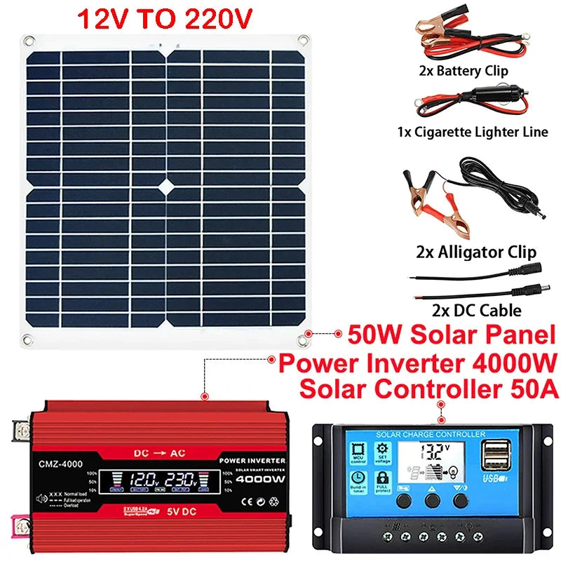 6000W 4000W Power System 12V 50W Solar Panel 50A Controller Solar Power Generator Emergency Battery Charger 12V to 220V Inverter