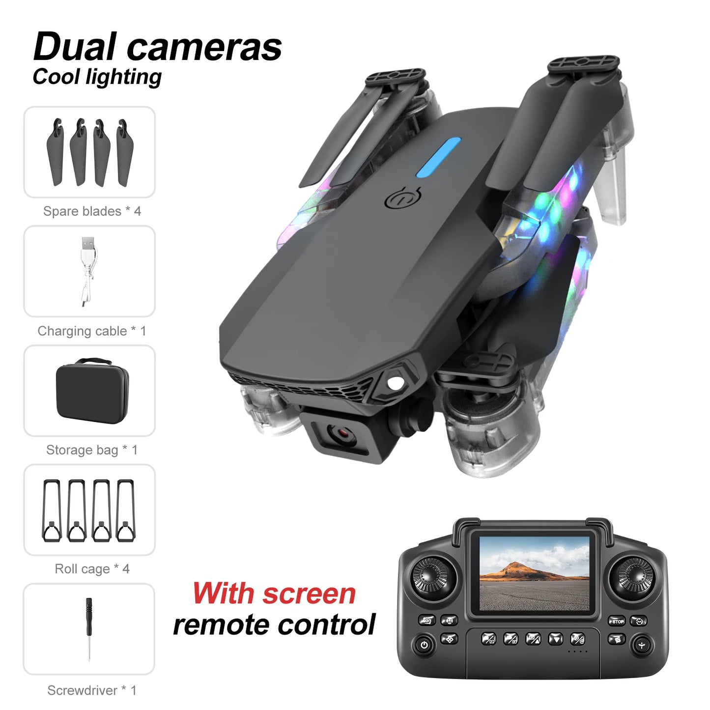 New E88D Screen RC Drone 4K Dual Camera 2.4G Remote Control Quadcopter Toys Optical Flow Localization One-button Take-off Drones
