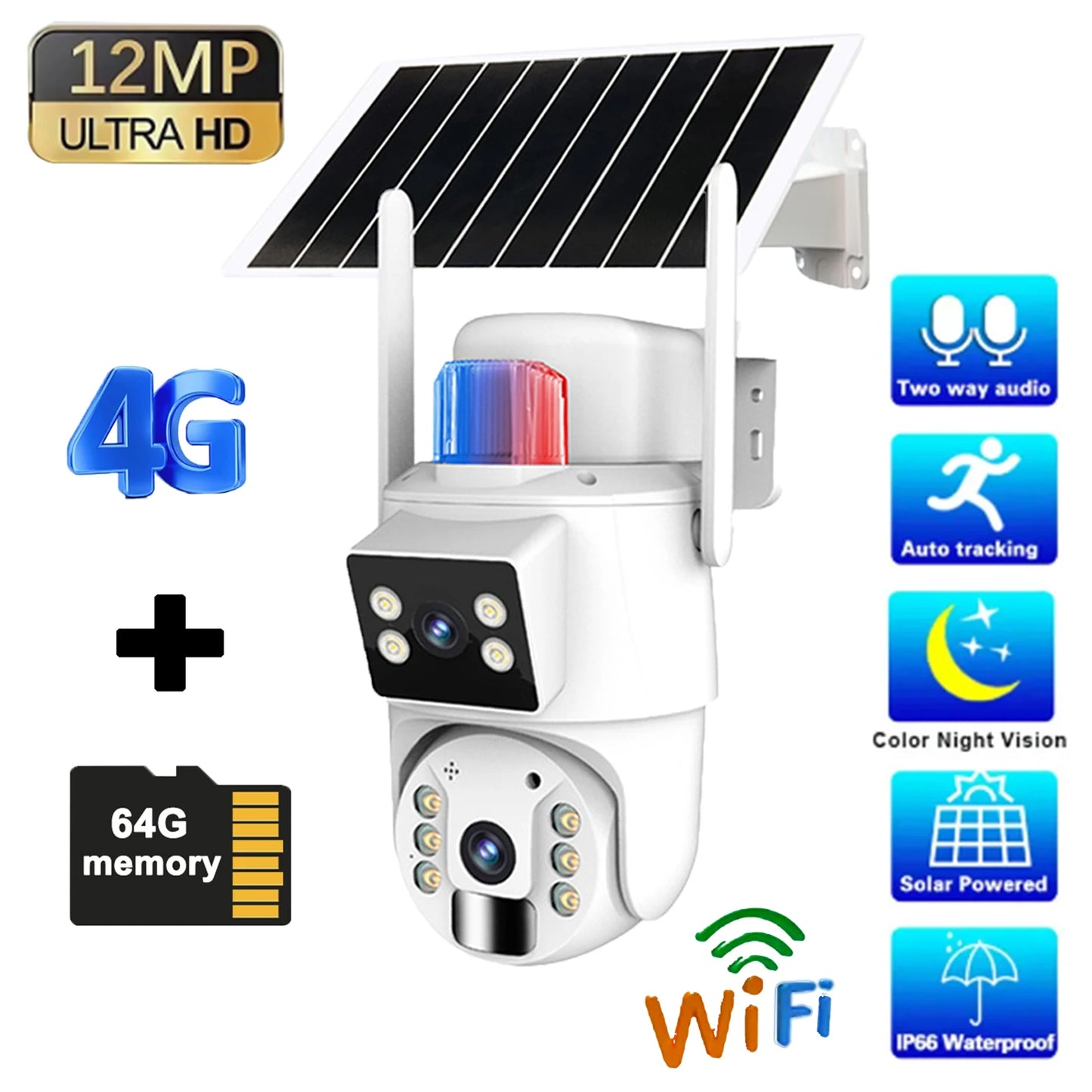 Solar Camera 4G Outdoor Dual Lens 12MP 4K IP Camara With Solar Panel CCTV Security Built in Battery PIR Motion Detection Cam