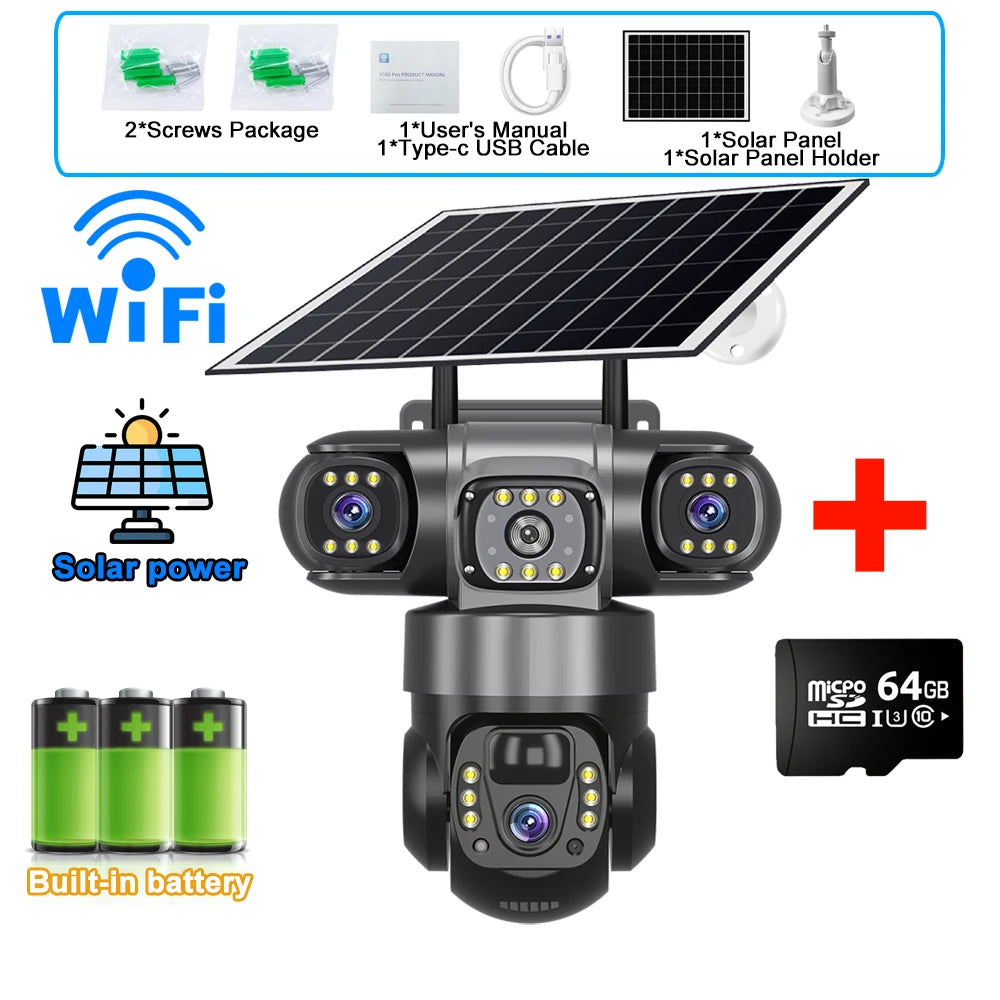 Solar Camera 4G Outdoor 12MP 10X Zoom 3 Lens 3 Screen PIR Human Detection Cameras Night Vision Waterproof CCTV Safety Protection
