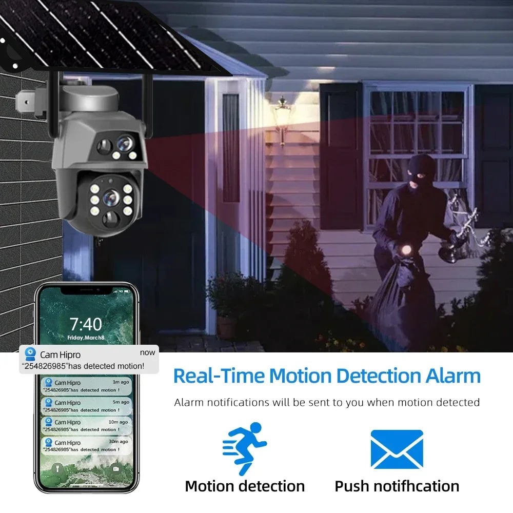 Solar Camera 4G Sim Outdoor Dual Lens 8MP 4K IP Camara With Solar Panel CCTV Security Built in Battery PIR Motion Detection Cam