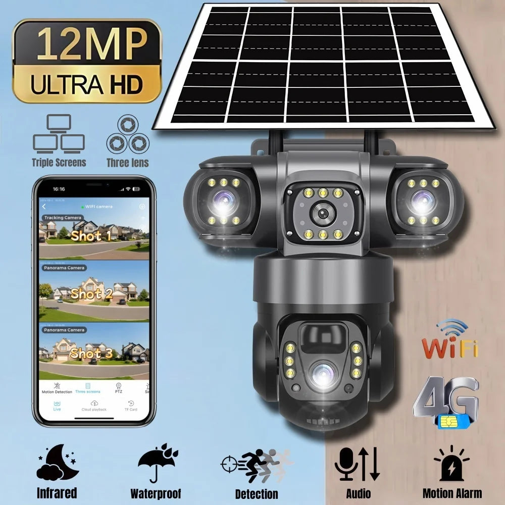 4G Solar Camera Outdoor Triple Lens Triple Screen 6K 12MP Auto Tracking IP Camera CCTV Audio Video PTZ Surveillance WIFI Camera