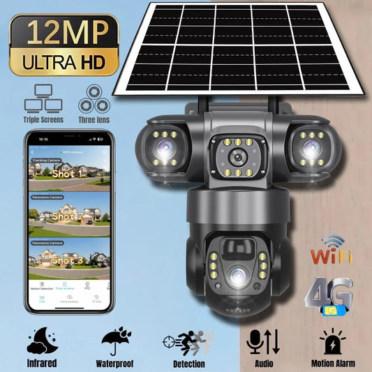4G Solar Camera Outdoor Triple Lens Triple Screen 6K 12MP Auto Tracking IP Camera CCTV Audio Video PTZ Surveillance WIFI Camera