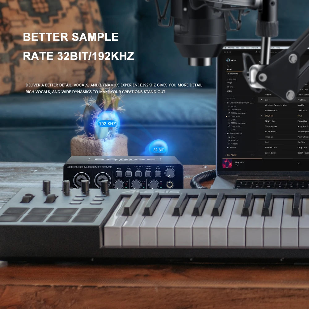 BOMGE U202 USB Audio Interface with Mic Preamplifier XLR/TSR/TS Ports 48V 32-Bit/192kHz Resolution for computer recording Stream