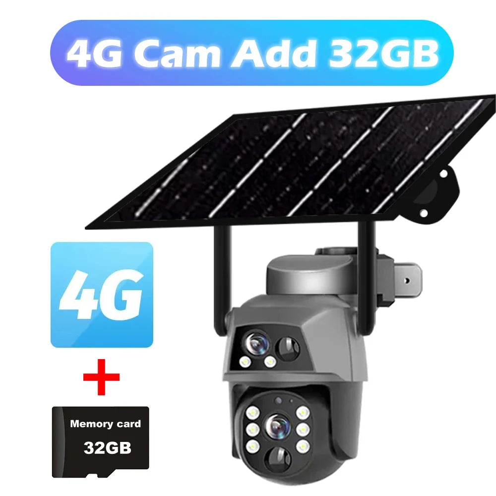 Solar Camera 4G Sim Outdoor Dual Lens 8MP 4K IP Camara With Solar Panel CCTV Security Built in Battery PIR Motion Detection Cam