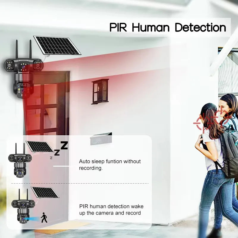 Solar Camera 4G SIM Outdoor Dual Lens Three Screens Webcam PIR Human Detect CCTV Security Video Battery PTZ IP Camara