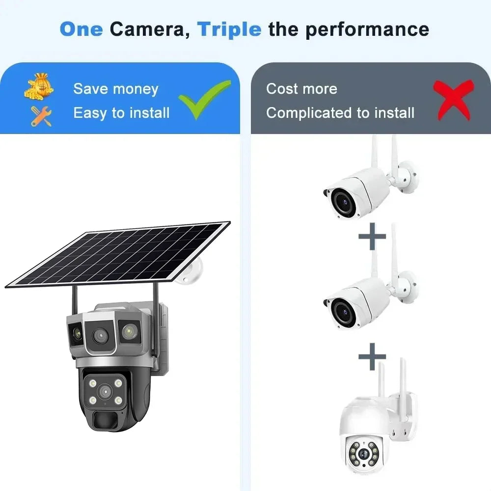 Solar Camera 4G Sim Outdoor Camera Triple Screen 12MP 6K IP Solar Panel CCTV Security Built-in Battery PIR Camera