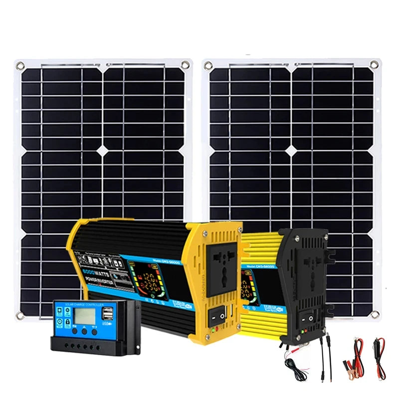 Inverter 6000W Solar Panel 2*300W 12V Portable Solar Generator Power Bank 30A Controller Kit Solar for Home Camping Station