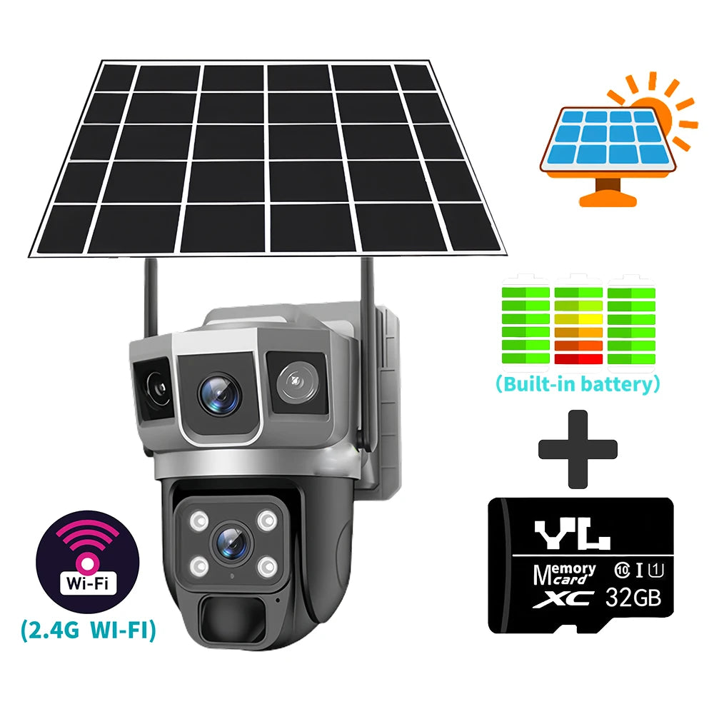 Solar Camera 4G SIM Card WiFi Wireless Network 360 IP 8MP 4K HD CCTV Battery Dual Lens Outdoor Smart Home Security Surveillance