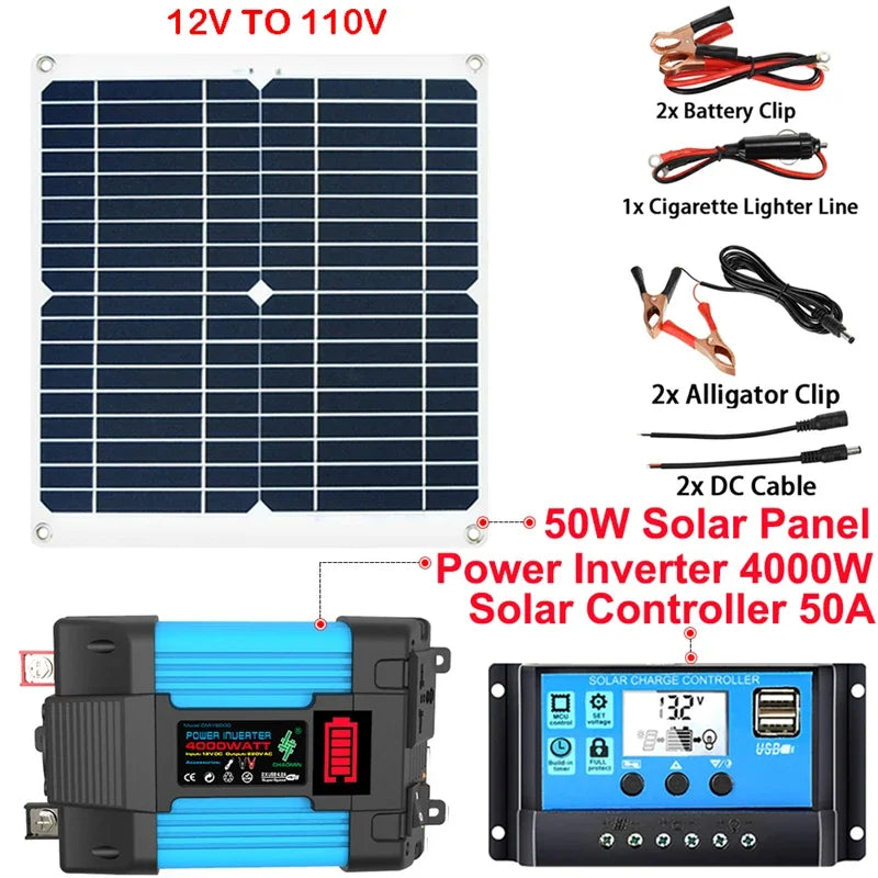 6000W 4000W Power System 12V 50W Solar Panel 50A Controller Solar Power Generator Emergency Battery Charger 12V to 220V Inverter