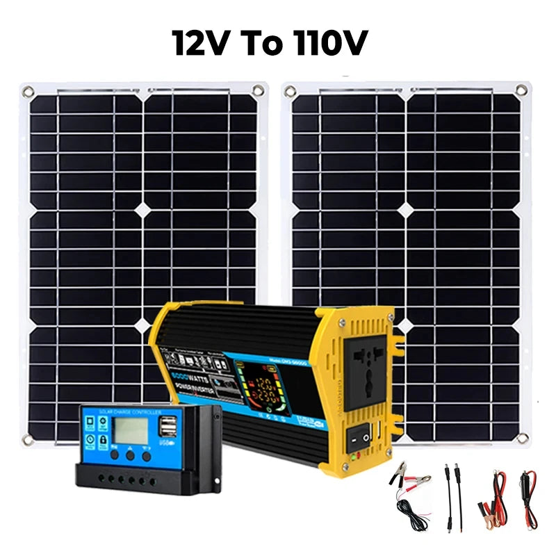 Inverter 6000W Solar Panel 2*300W 12V Portable Solar Generator Power Bank 30A Controller Kit Solar for Home Camping Station