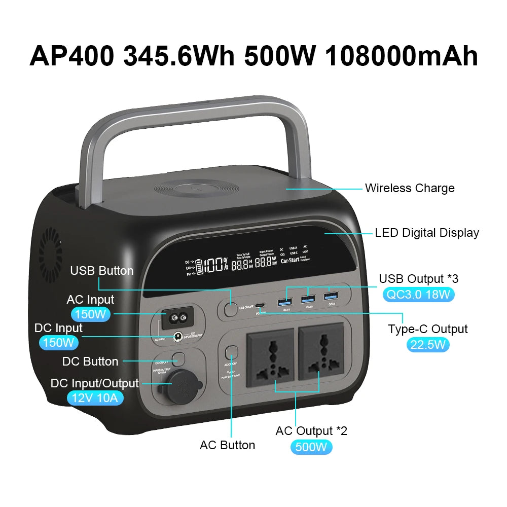 Portable Power Station Solar Generator 1000Wh 345.6Wh Lifepo4 Battery Pure Sine Wave Energy Storage Home Emergency Power Supply