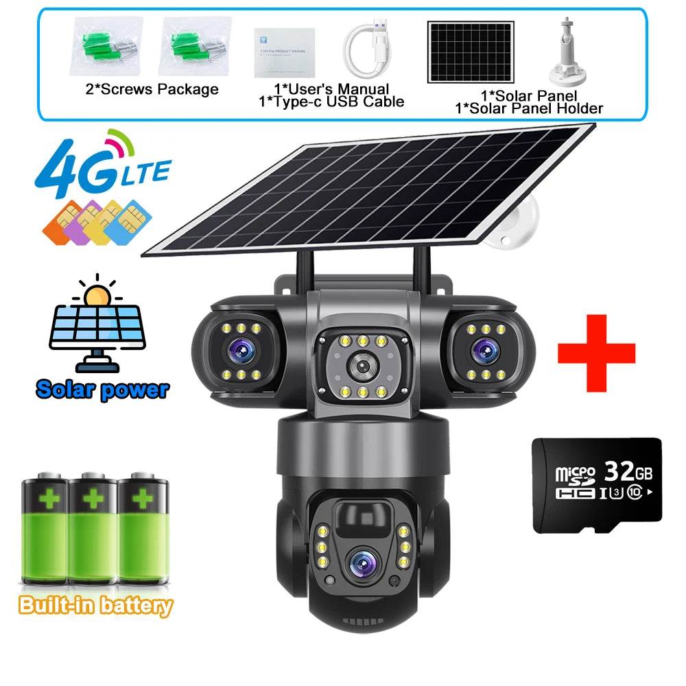 Solar Camera 4G Outdoor 12MP 10X Zoom 3 Lens 3 Screen PIR Human Detection Cameras Night Vision Waterproof CCTV Safety Protection