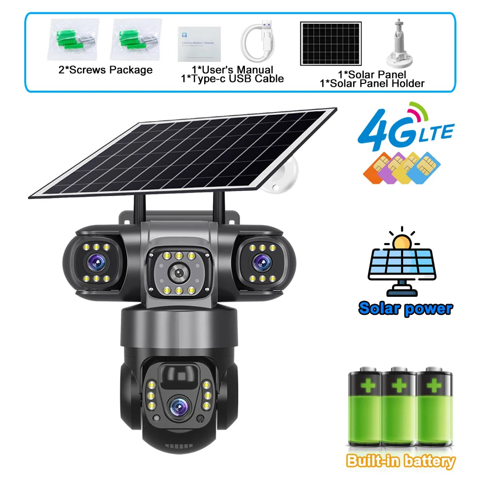 Solar Camera 4G Outdoor 12MP 10X Zoom 3 Lens 3 Screen PIR Human Detection Cameras Night Vision Waterproof CCTV Safety Protection