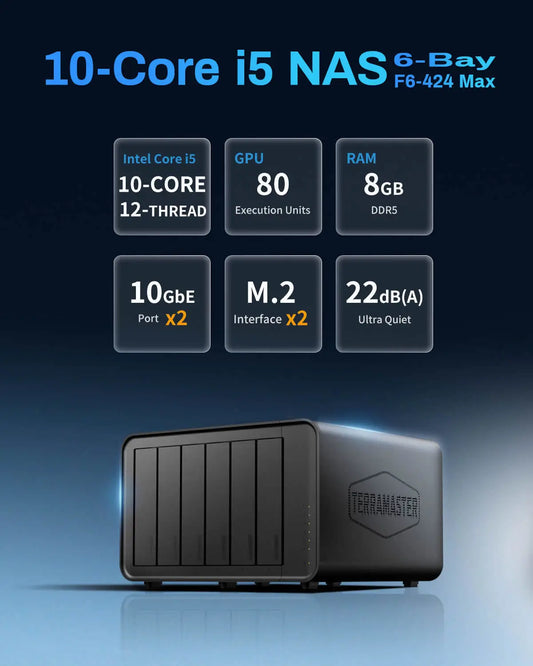 TERRAMASTER F6-424 Max NAS Storage - 6Bay Core i5 1235U 10Cores 12 Threads, 8GB DDR5 RAM, Network Attached Storage(Diskless)