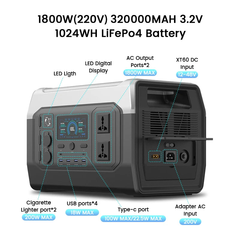 Portable Power Station Solar Generator 1000Wh 345.6Wh Lifepo4 Battery Pure Sine Wave Energy Storage Home Emergency Power Supply