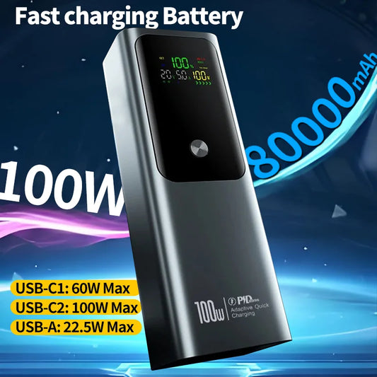 80000mAh Large-capacity Portable  Color Screen Power Bank PD 100W Super Fast Charging is suitable For Mobile phones and laptops