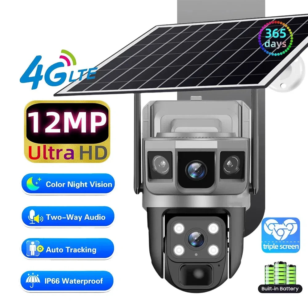 Solar Camera 4G Sim Outdoor Camera Triple Screen 12MP 6K IP Solar Panel CCTV Security Built-in Battery PIR Camera