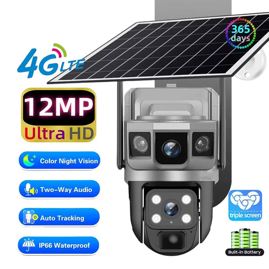 Solar Camera 4G Sim Outdoor Camera Triple Screen 12MP 6K IP Solar Panel CCTV Security Built-in Battery PIR Camera