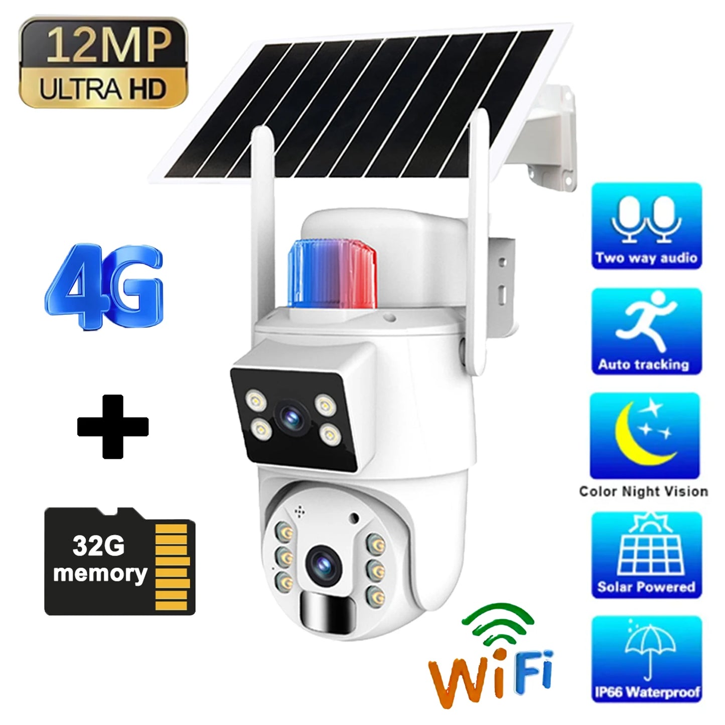 Solar Camera 4G  Outdoor Dual Lens 12MP 4K IP Camara With Solar Panel CCTV Security Built in Battery PIR Motion Detection Cam
