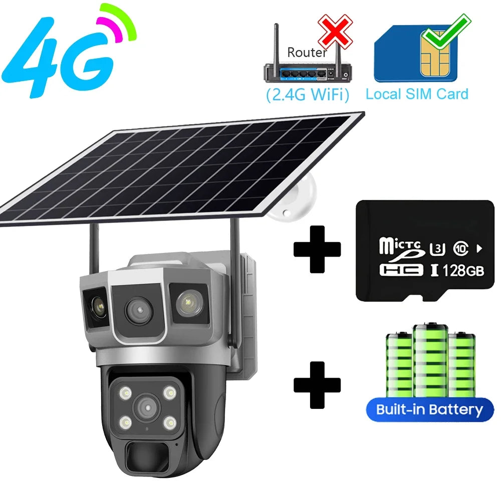 Solar Camera 4G Sim Outdoor Camera Triple Screen 12MP 6K IP Solar Panel CCTV Security Built-in Battery PIR Camera