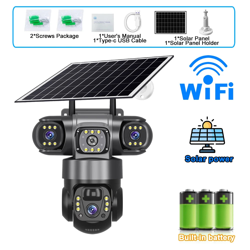 Solar Camera 4G Outdoor 12MP 10X Zoom 3 Lens 3 Screen PIR Human Detection Cameras Night Vision Waterproof CCTV Safety Protection