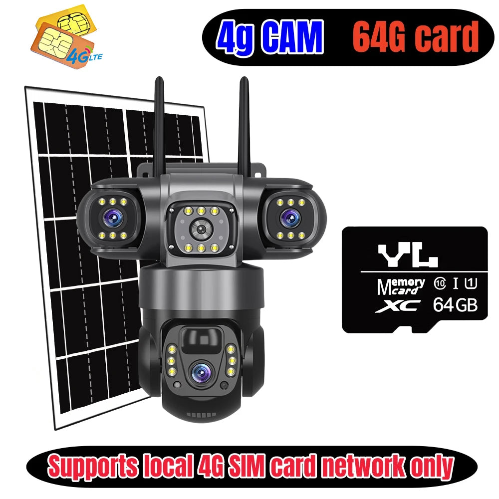 4G Solar Camera Outdoor Triple Lens Triple Screen 6K 12MP Auto Tracking IP Camera CCTV Audio Video PTZ Surveillance WIFI Camera