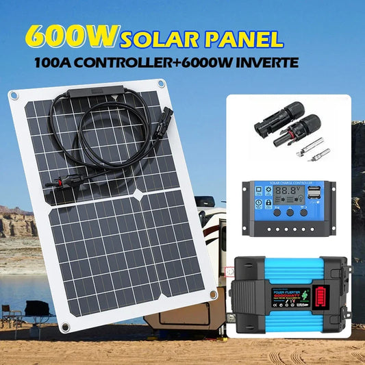 600W Portable Solar Inverter Kit Portable 4000W Solar Generator Kit | 12V Battery to 110V/220V AC Power – Ideal for RV, Camping
