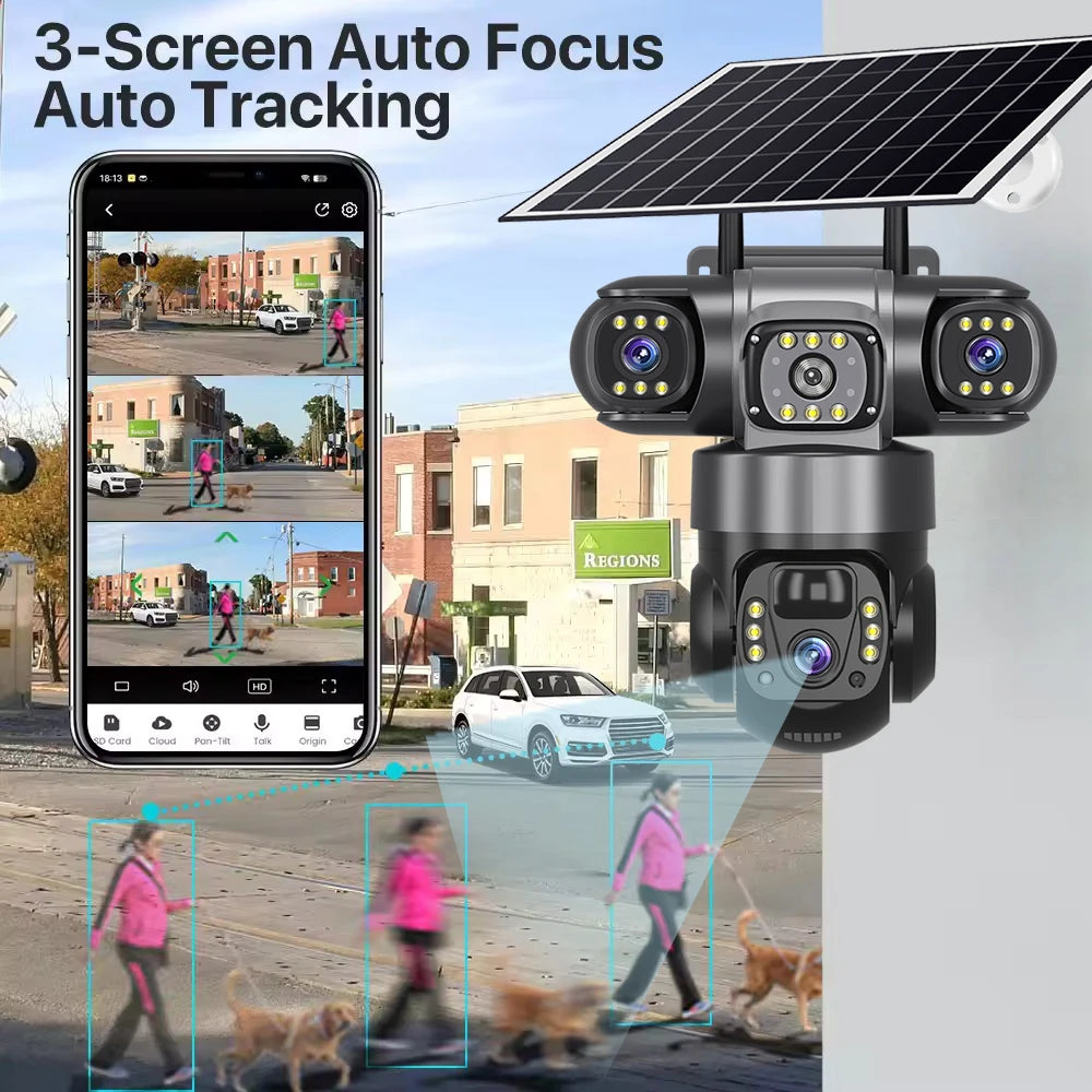 4G Solar Camera Outdoor Triple Lens Triple Screen 6K 12MP Auto Tracking IP Camera CCTV Audio Video PTZ Surveillance WIFI Camera