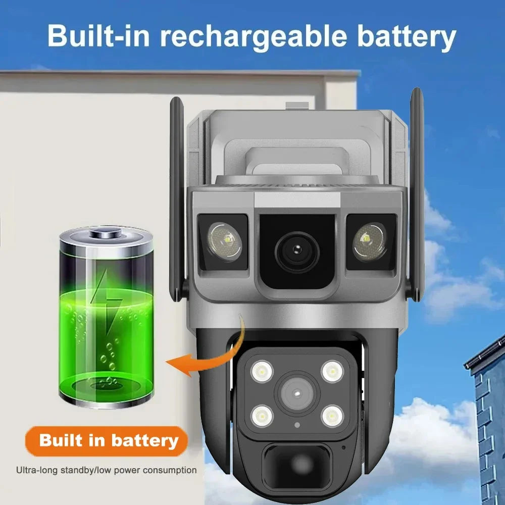 Solar Camera 4G Sim Outdoor Camera Triple Screen 12MP 6K IP Solar Panel CCTV Security Built-in Battery PIR Camera