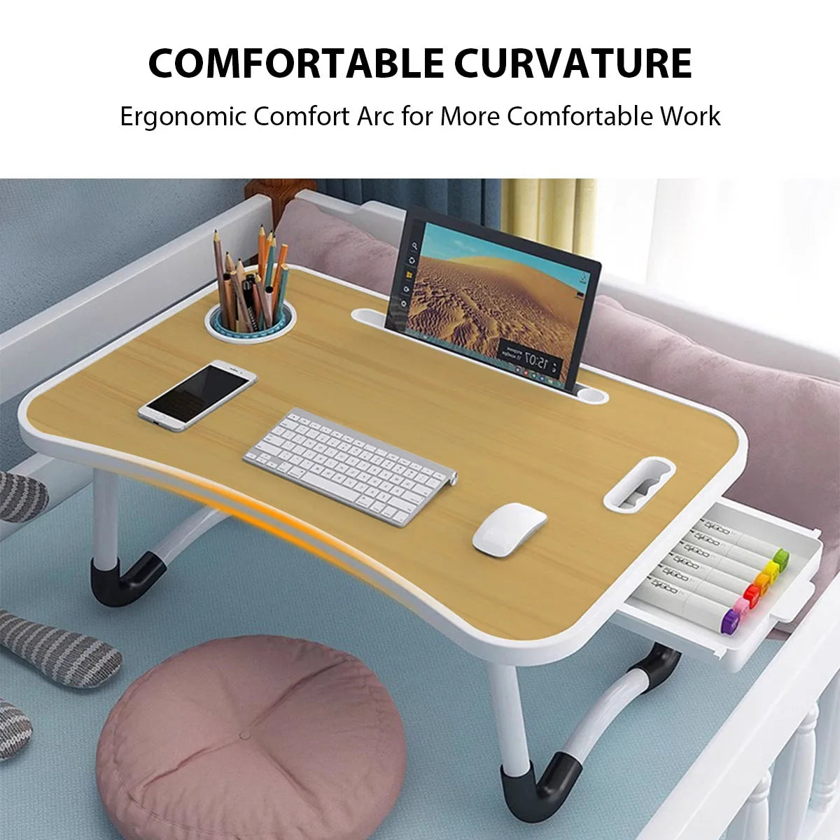 Foldable Simple Small Table with Cup Holder Drawer Bed Desk Lazy Laptop Bed Table Dormitory Study Table Tablet Laptop Stand